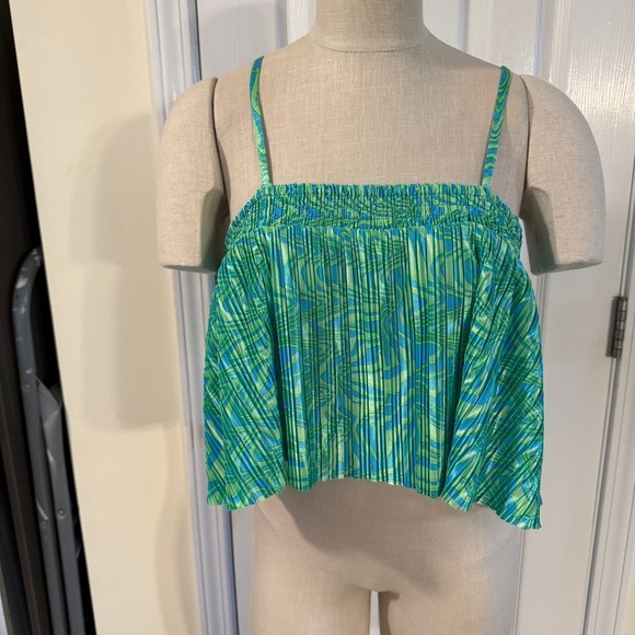 BP. Pleated Green Blue Abstract Print Crop Cami Top Size Large - Picture 1 of 8